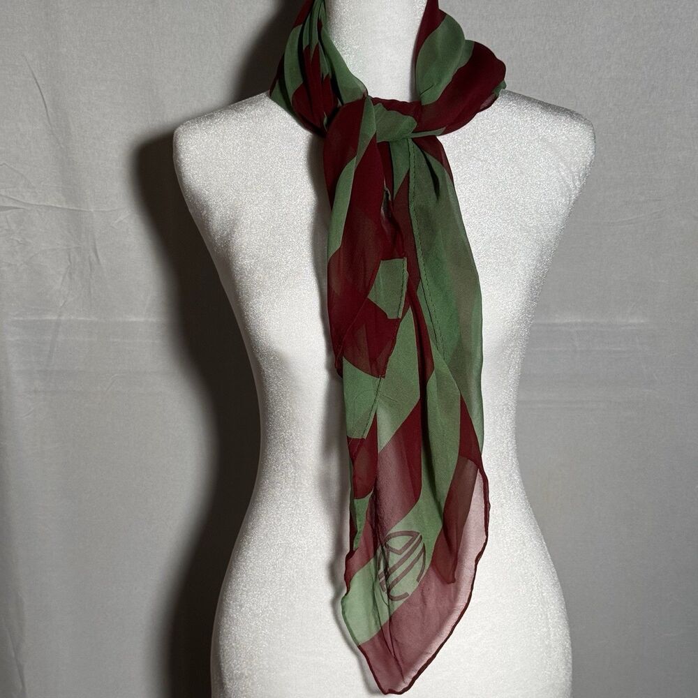 Lauren Ralph Lauren 100% Silk Scarf Striped Burgundy Green Square Made in Japan